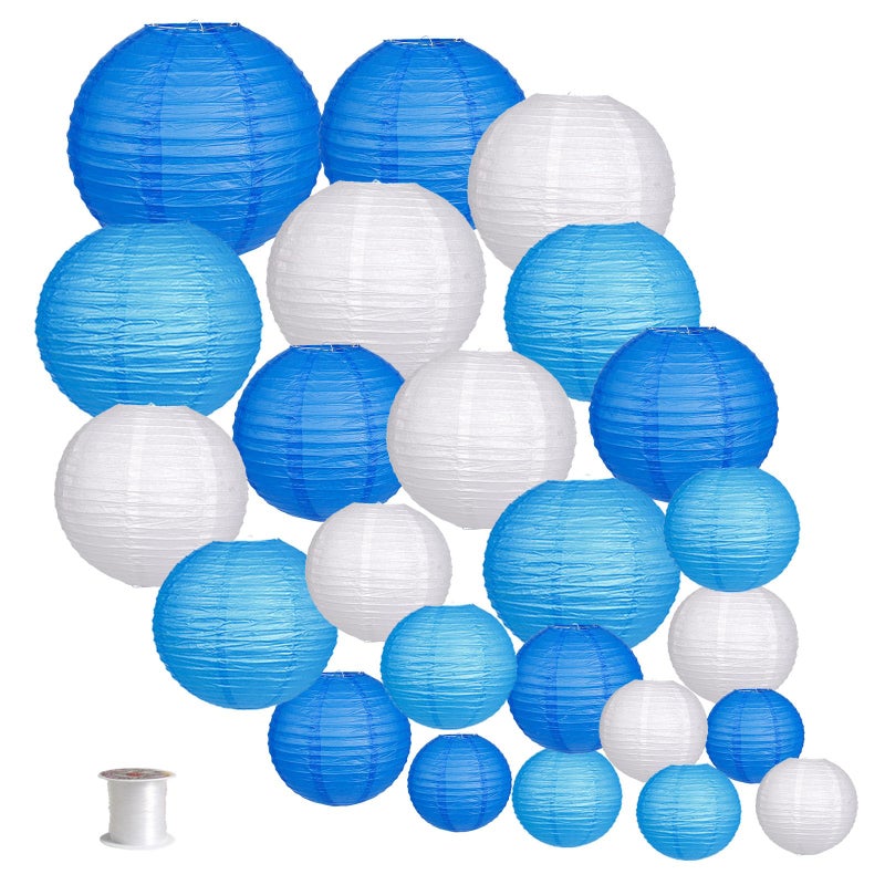 zilue 24pcs Hanging Round Paper Lanterns for Wedding Birthday Party Baby Showers Decoration Blue/White - Image 1